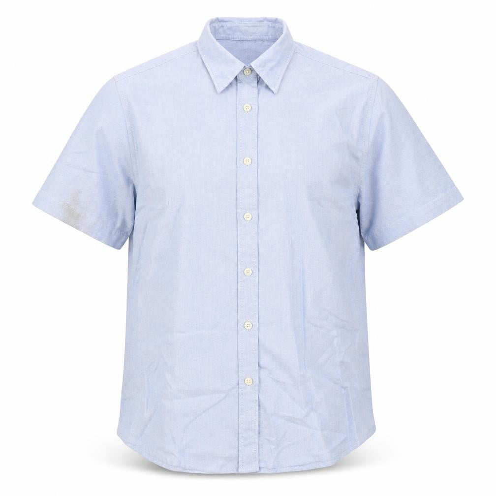 Front view of Henbury men’s blue button-up, size M