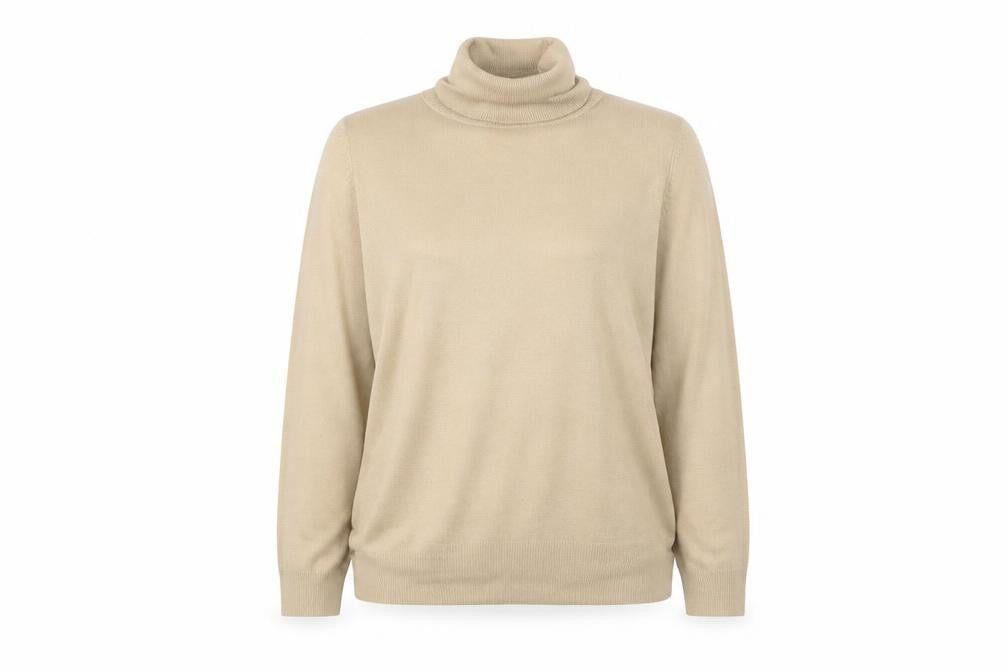 Front view of Marks & Spencer women’s beige knit pullover sweatshirt, size UK 14