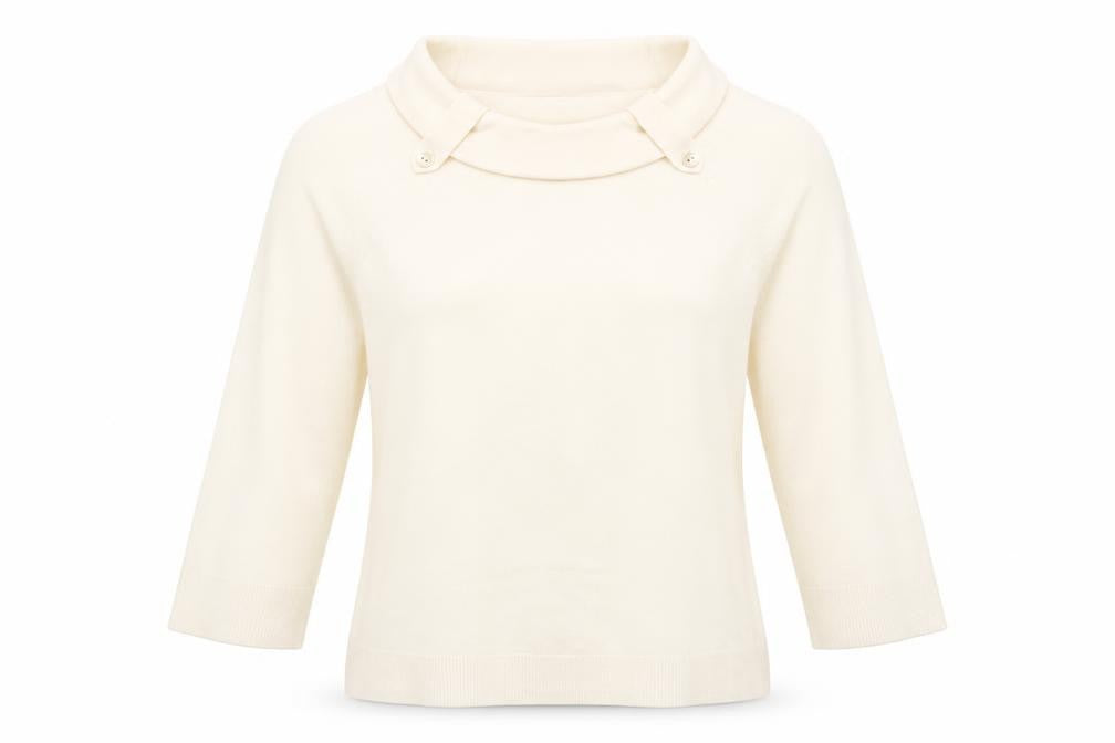Front view of BHS women’s white knit pullover sweatshirt, size UK 14
