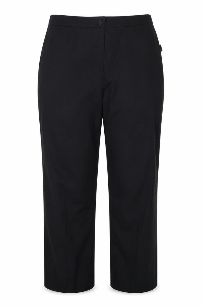 Front view of Preworn women’s black trousers, size UK 18, 30-inch leg