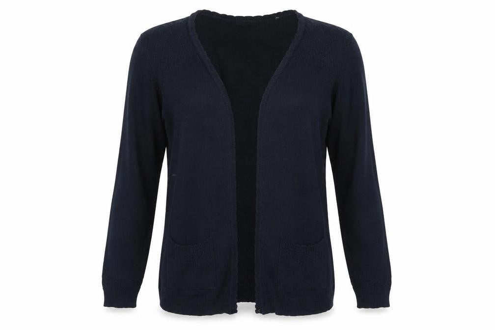Front view of isle women’s blue cardigan jumper, size L