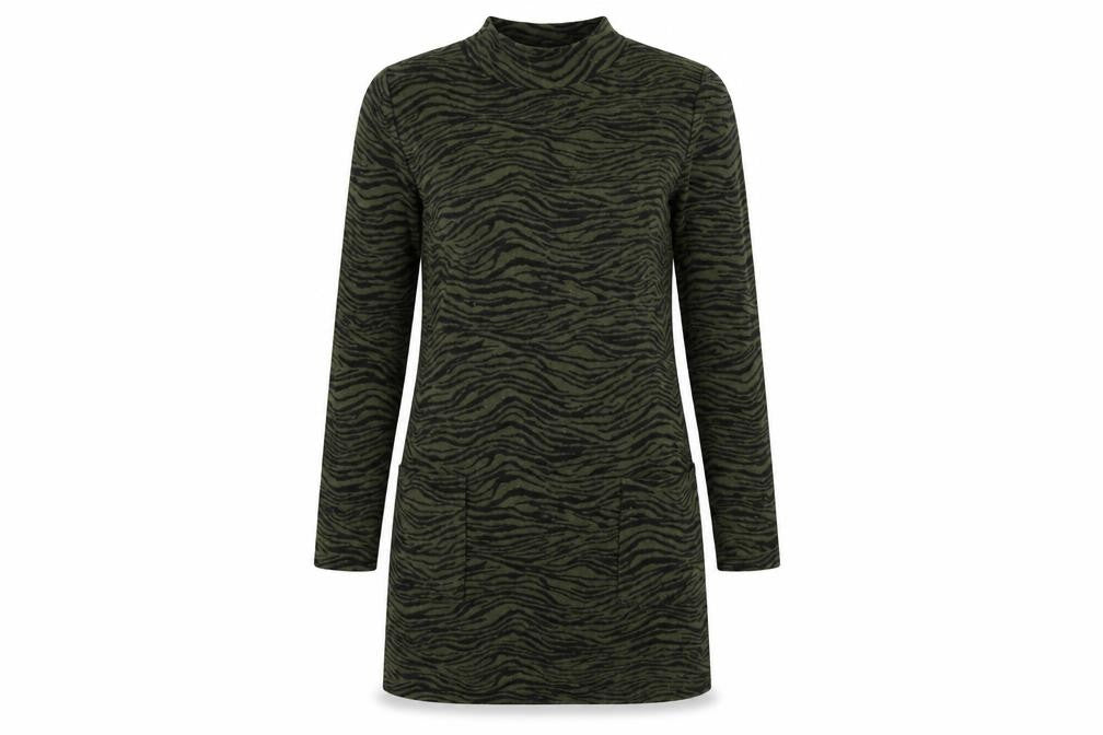 Front view of Marks & Spencer women’s green animal print bodycon, size UK 8