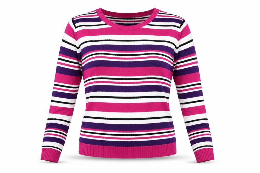 Front view of EWM women’s purple striped jumper, size L