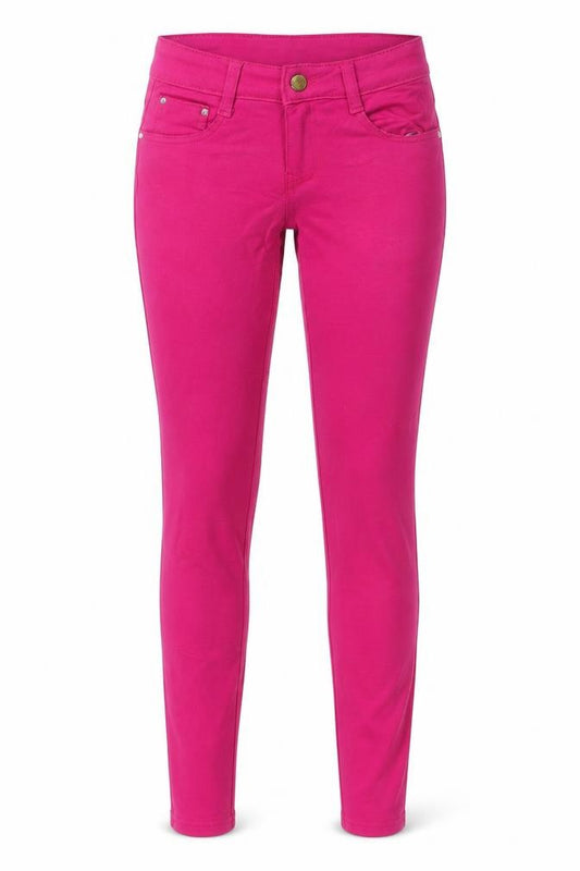 Front view of women’s pink skinny jeans, size UK 24, in, 30-inch leg