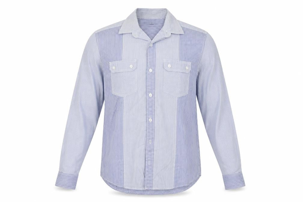 Front view of Next men’s blue striped button-up, size M
