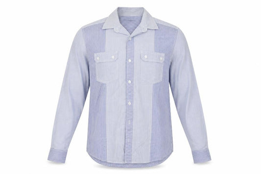 Front view of Next men’s blue striped button-up, size M