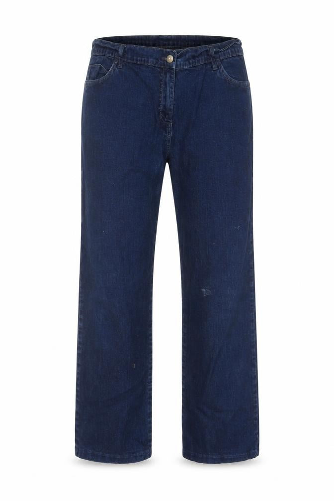 Front view of women’s blue straight jeans, size UK 38, 27-inch leg