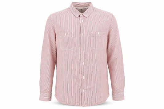 Front view of Easy men’s white striped button-up, size XL