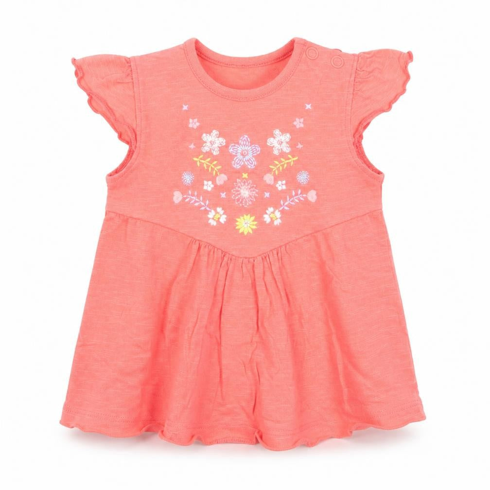 Front view of Nutmeg girls’ orange floral a-line, size 6-9, months