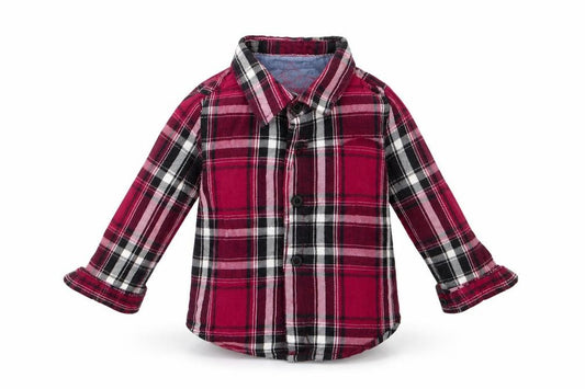Front view of Primark boys’ red check basic button-up, size 6-9, months