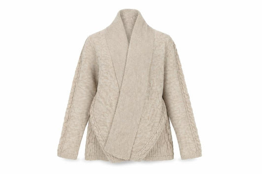 Front view of BHS women’s beige cardigan jumper, size UK 12