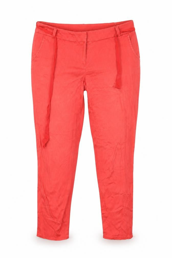 Front view of Preworn women’s red trousers, size UK 16, 27-inch leg