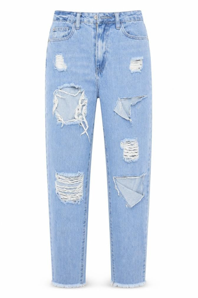 Front view of riot women’s blue denim mom jeans, size UK 6, 29-inch leg