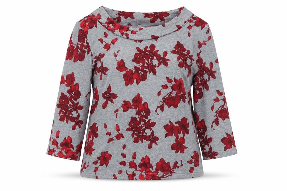 Front view of EWM women’s grey floral jumper, size UK 12