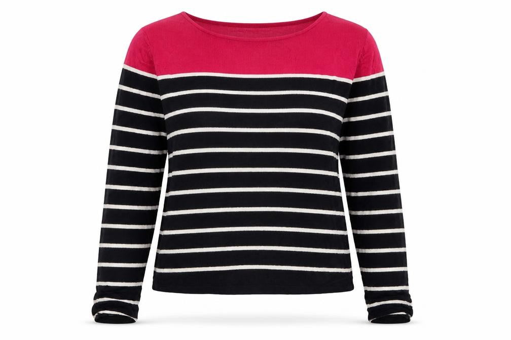 Front view of Marks & Spencer women’s black striped knit jumper, size UK 14