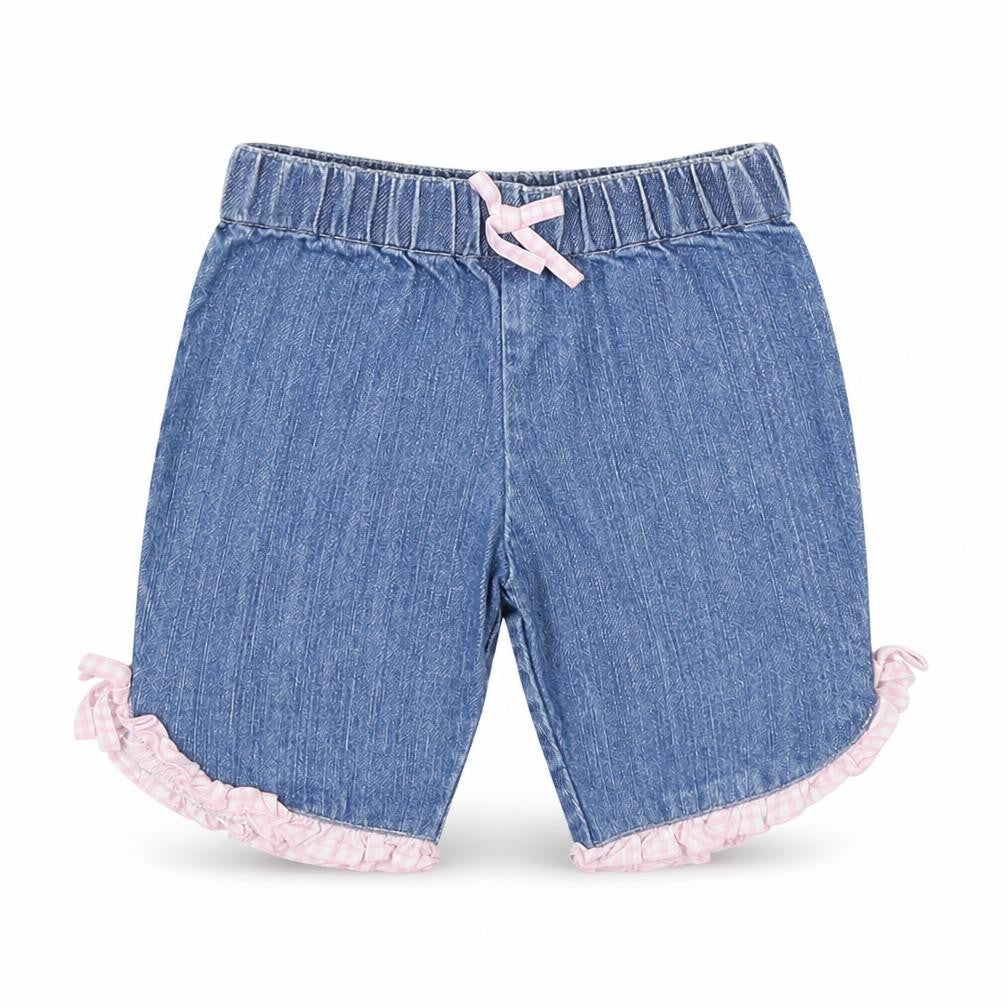 Front view of Starting Out girls’ blue denim cropped jeans, size 9, months