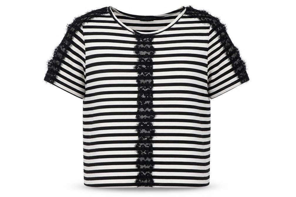 Front view of Topshop women’s black striped basic t-shirt, size UK 10