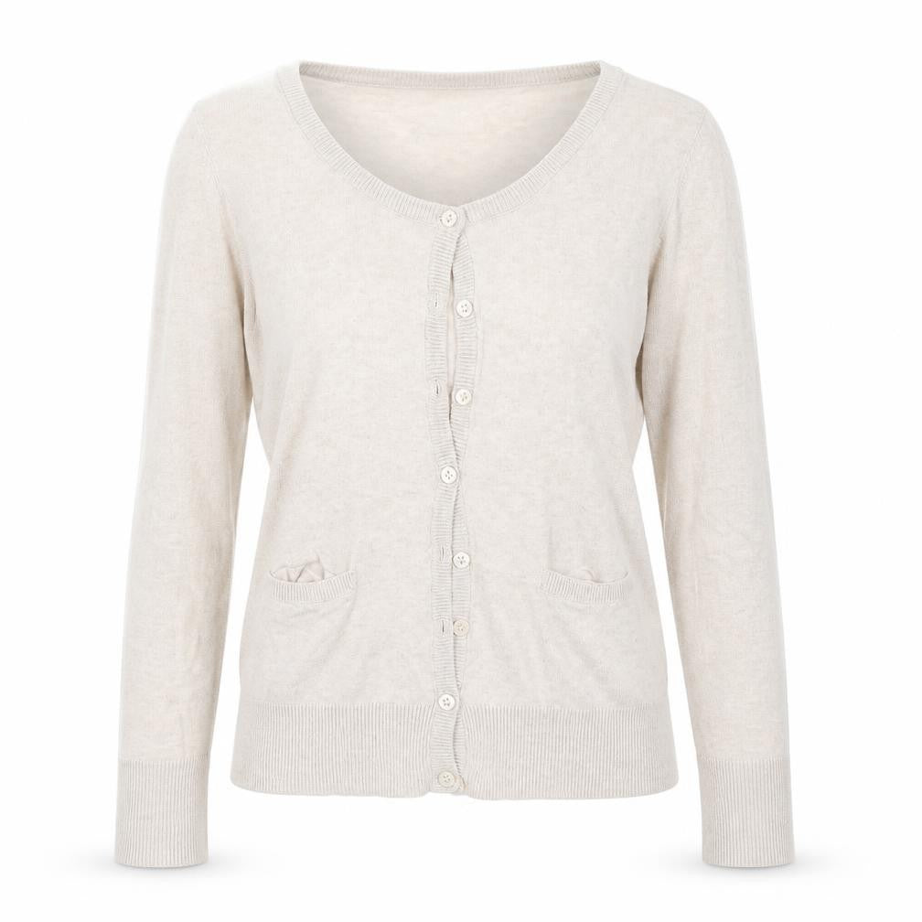 Front view of H&M women’s beige knit cardigan jumper, size M