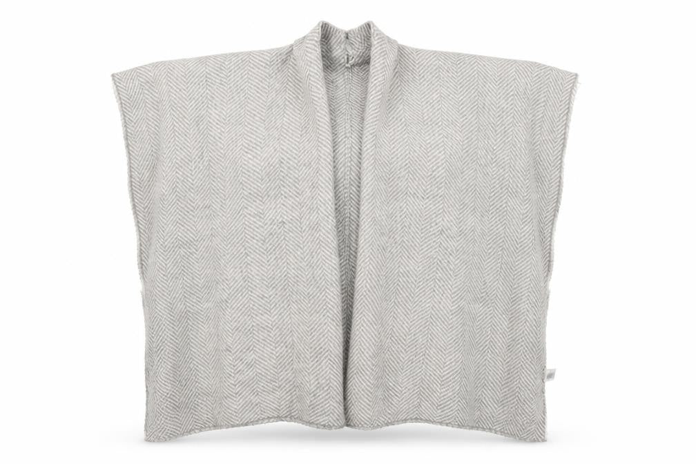 Front view of DAKINI women’s grey striped knit shawl/wrap