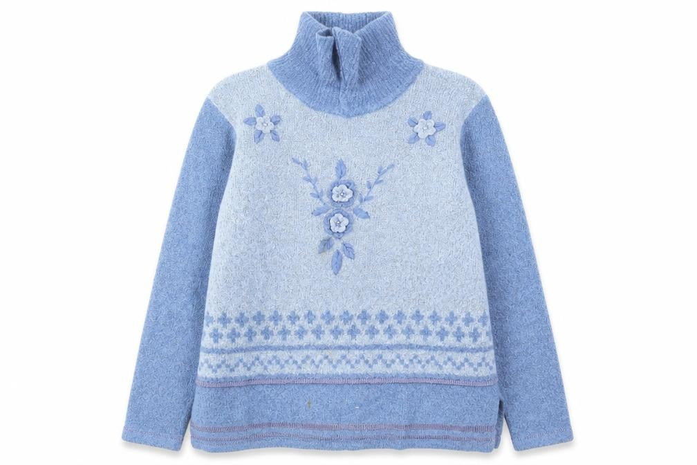 Front view of ANN MCARTNEY women’s blue jumper, size XL