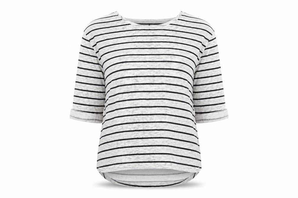 Front view of H&M women’s grey striped jumper, size M