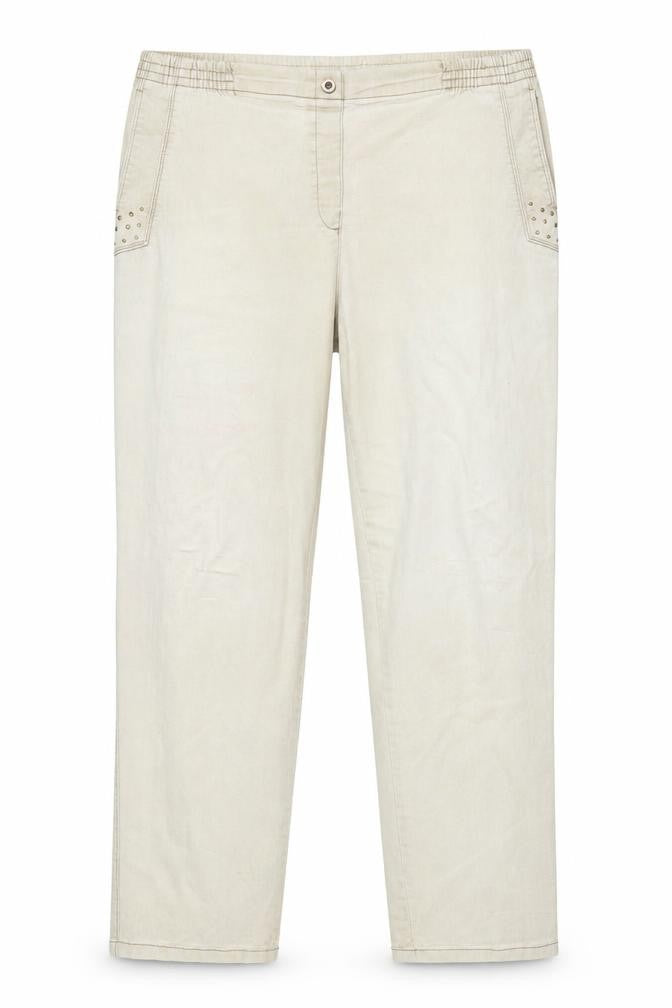 Front view of Preworn women’s beige trousers, size UK 36, 26-inch leg