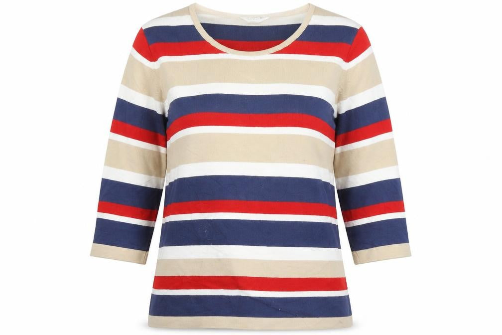 Front view of David Neiper women’s beige striped jumper, size UK 18