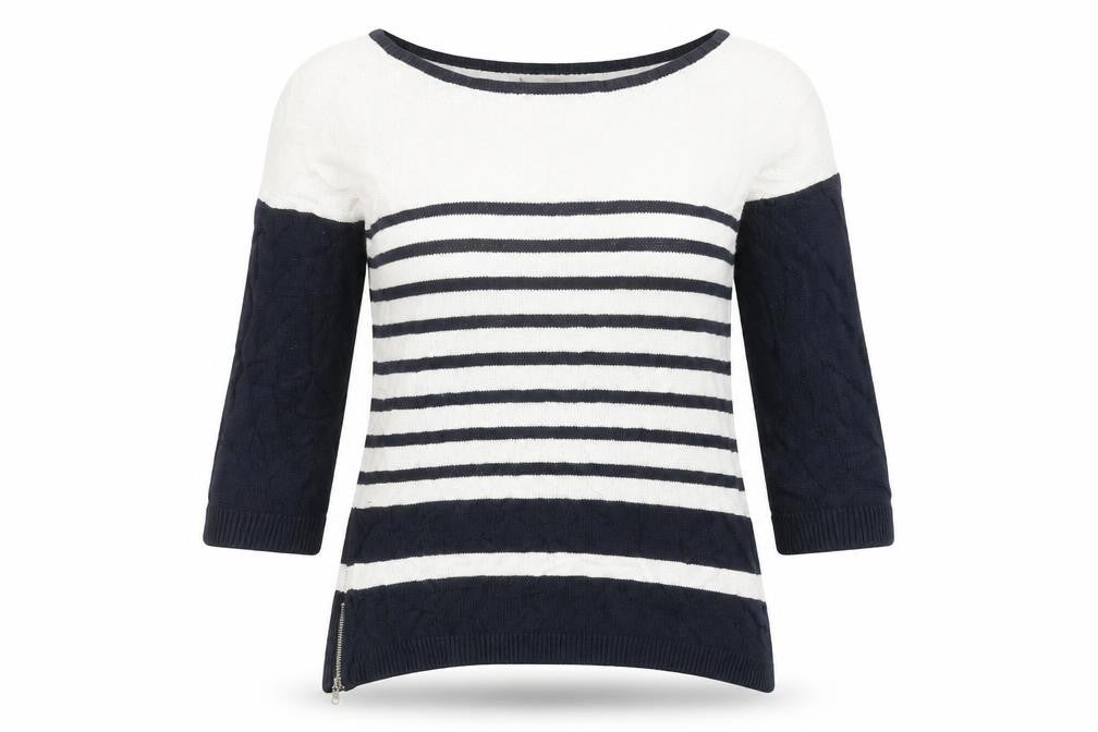 Front view of Wallis women’s blue striped knit jumper, size S