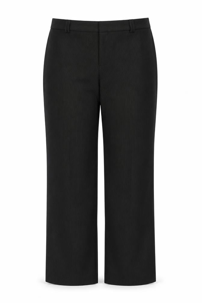 Front view of Marks & Spencer women’s black striped trousers, size UK 14, 32-inch leg