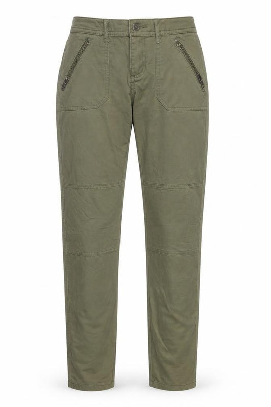 Front view of EDC women’s green carrot trousers, size UK 26, in, 31-inch leg