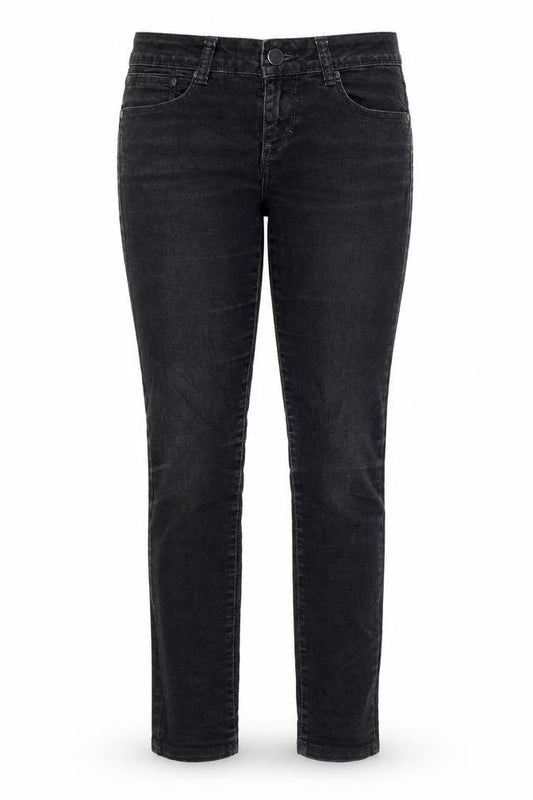 Front view of Cameieu women’s black denim skinny jeans, size S, 28-inch leg