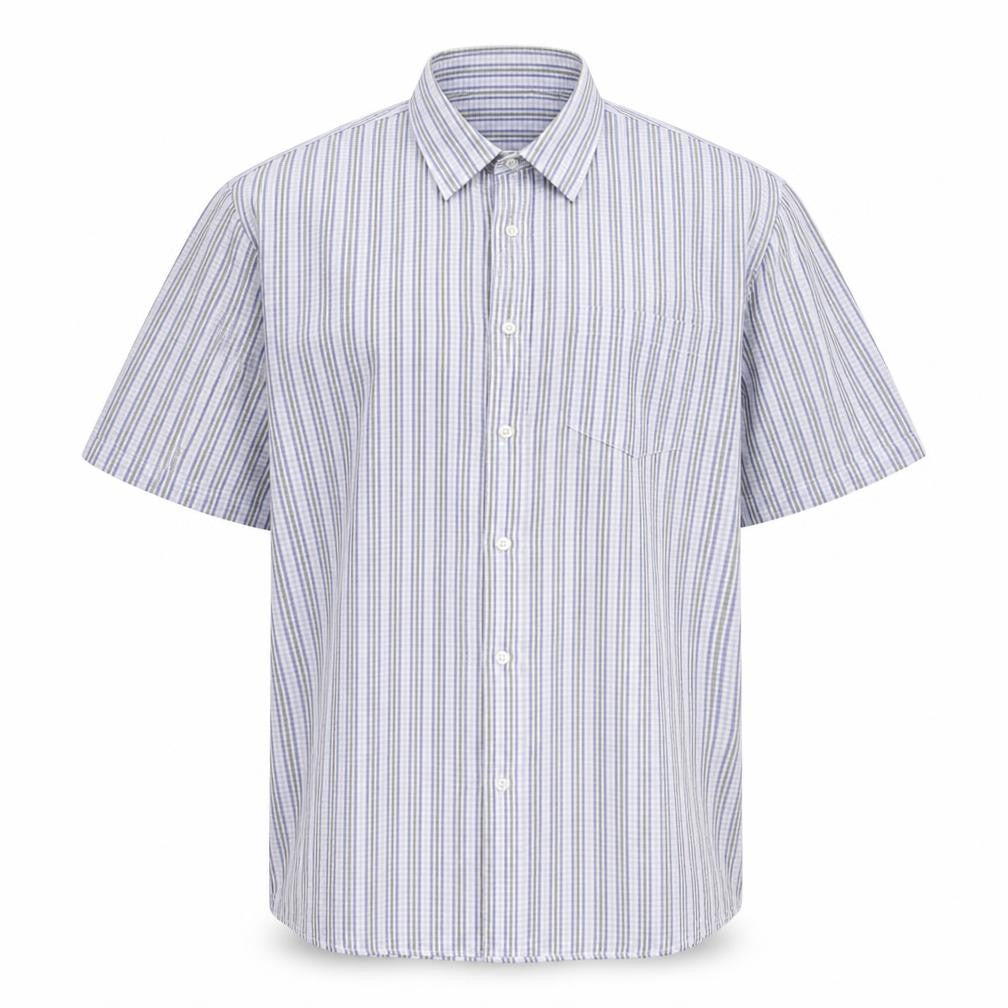 Front view of Cotton Traders men’s white check button-up, size L