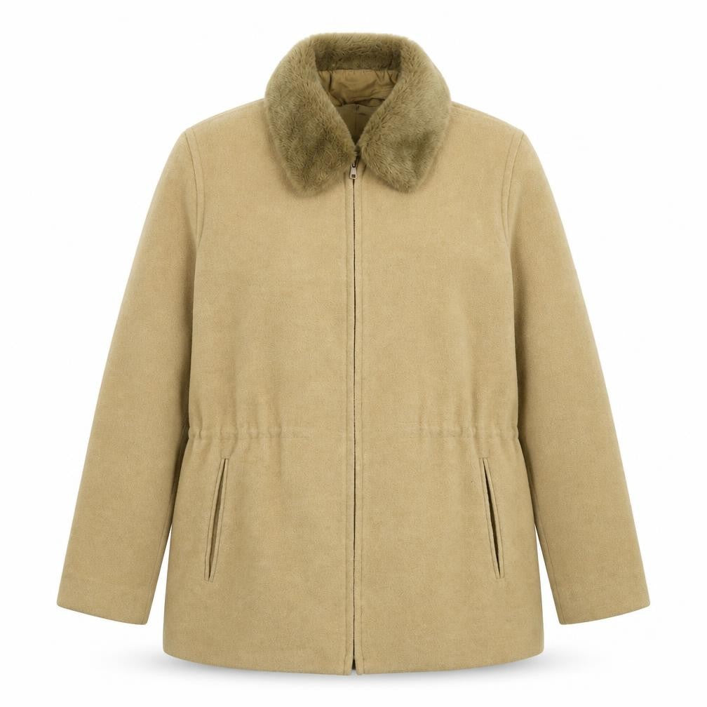 Front view of BHS women’s beige pea coat coat, size UK 12