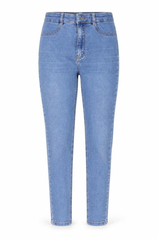Front view of Pull&Bear women’s blue mom jeans, size UK 26, 27-inch leg