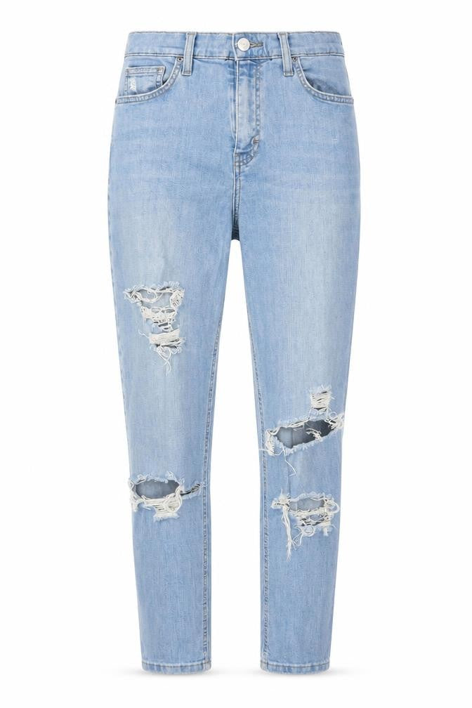 Front view of Topshop women’s blue houndstooth mom jeans, size UK 30, 32-inch leg