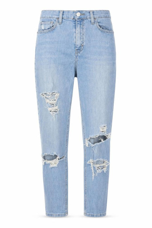 Front view of Topshop women’s blue houndstooth mom jeans, size UK 30, 32-inch leg