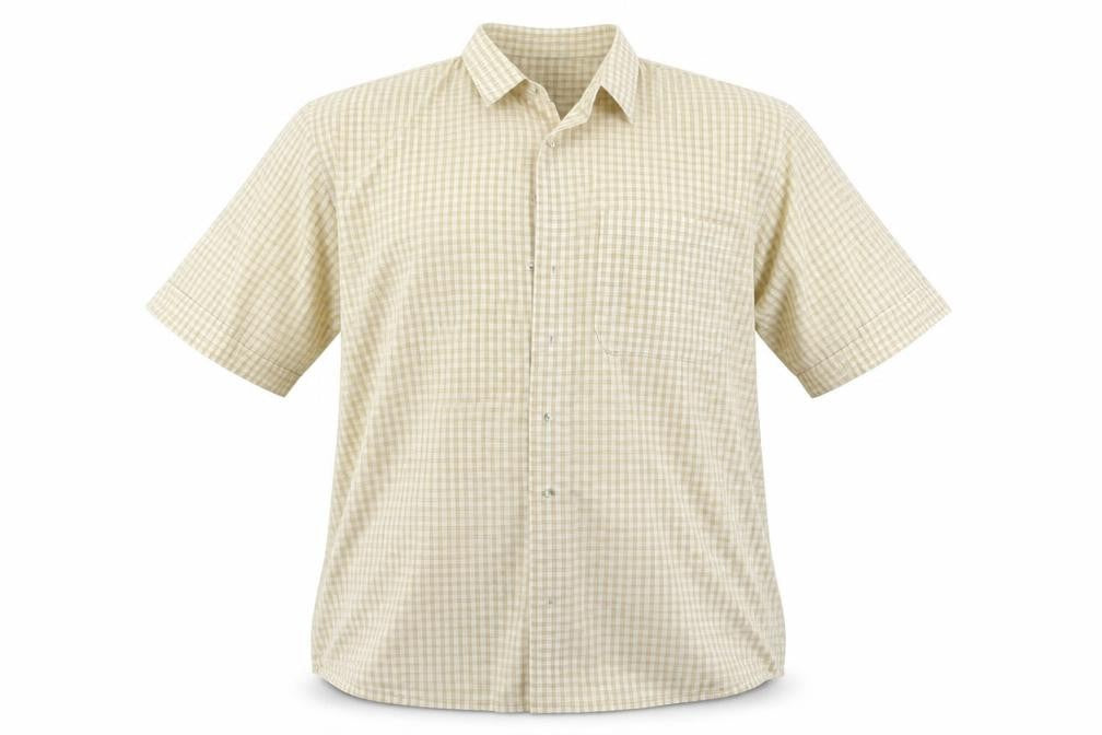 Front view of Bar Harbour men’s beige check button-up, size XL