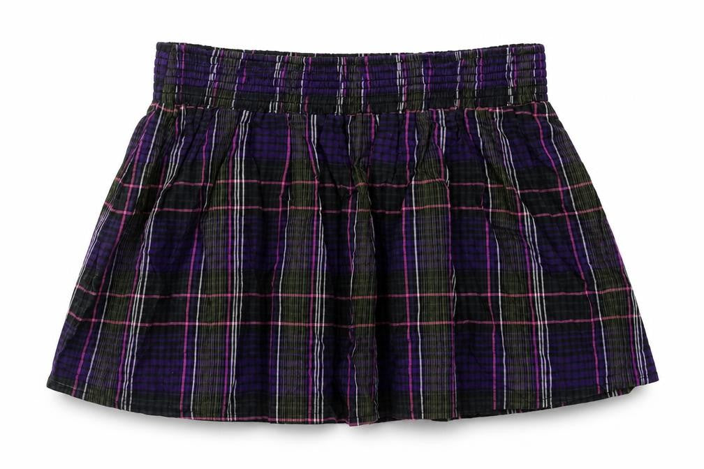 Front view of H&M women’s black check a-line skirt, size UK 30, in