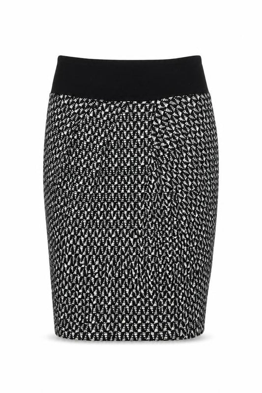 Front view of Next women’s black geometric maxi skirt, size UK 6