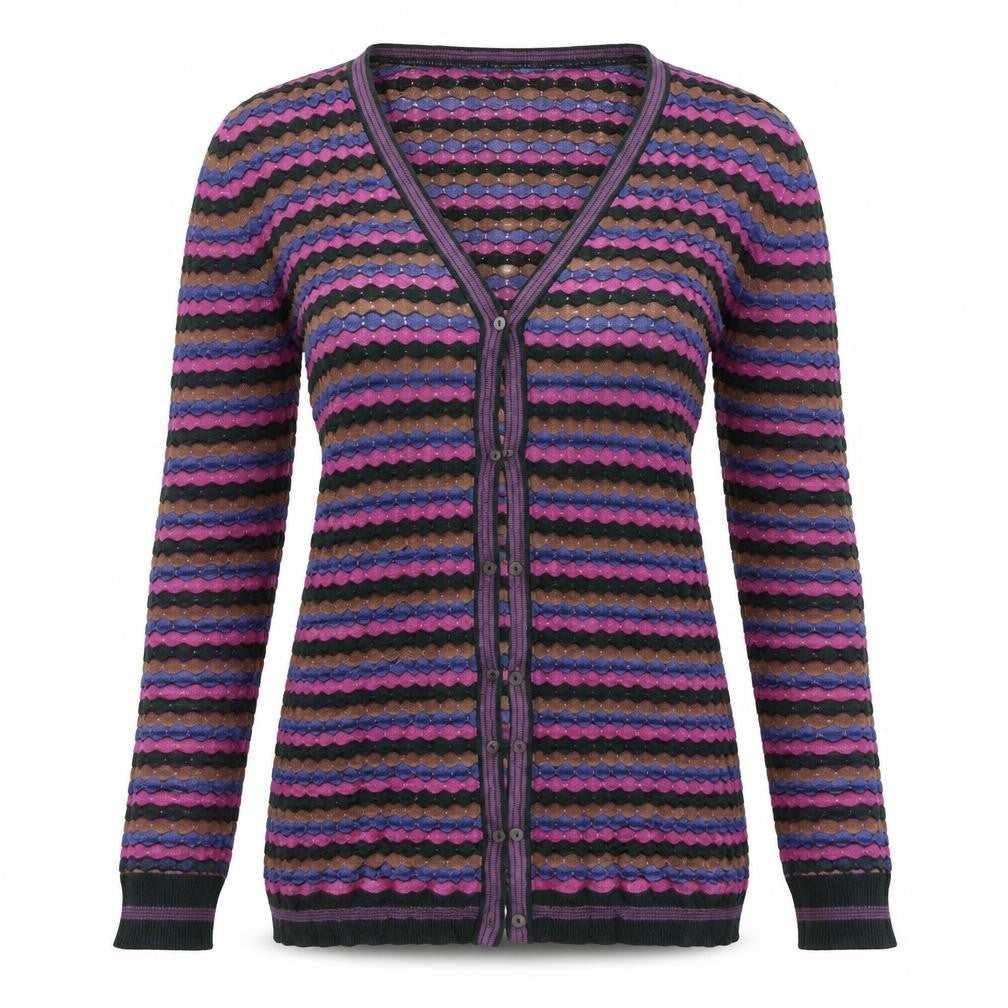 Front view of Zara women’s green striped cardigan jumper, size S