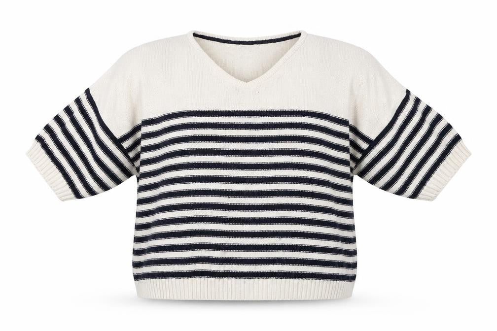Front view of Topshop women’s beige striped jumper, size UK 12