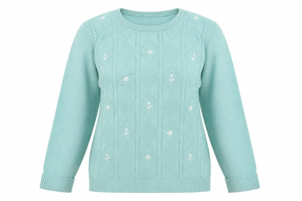 Front view of Jan Eva women’s blue jumper, size M