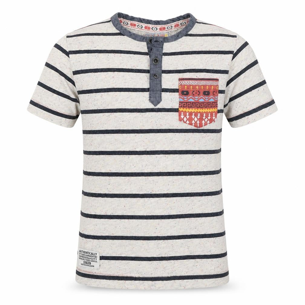 Front view of Tu boys’ beige striped basic t-shirt, size 10, years