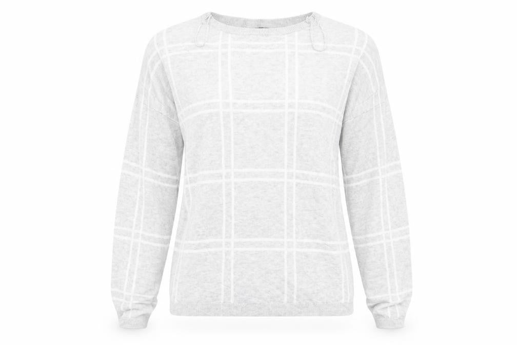 Front view of New Look women’s grey check jumper, size UK 10