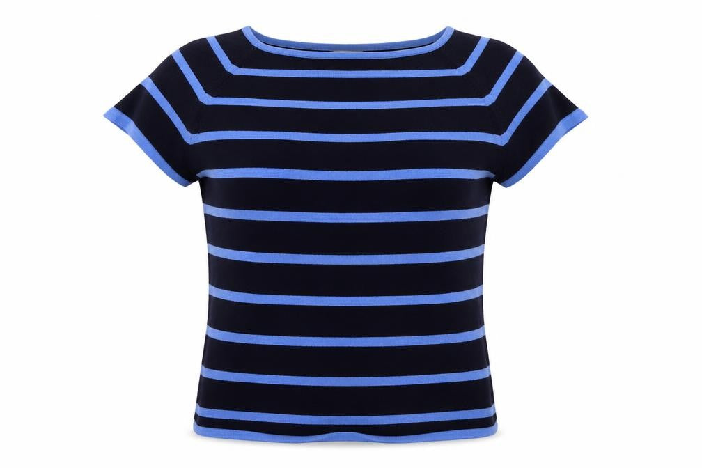 Front view of Marks & Spencer women’s blue striped jumper, size UK 14