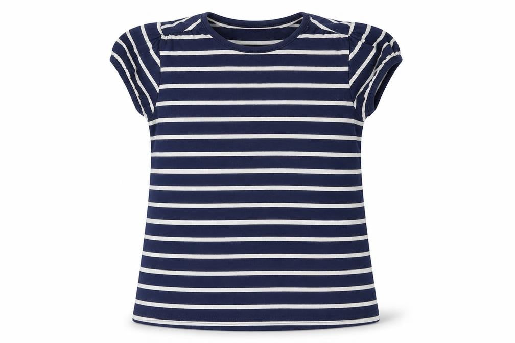 Front view of RTu girls’ blue striped basic t-shirt, size 6, years