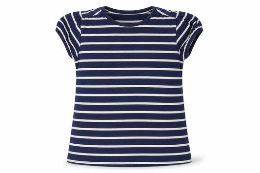 Front view of RTu girls’ blue striped basic t-shirt, size 6, years