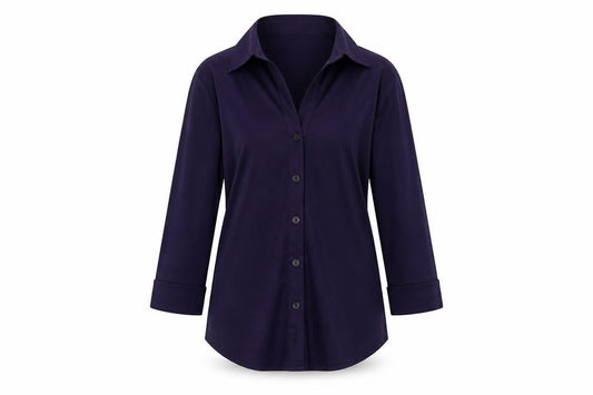 Front view of Simply Classic women’s purple basic button-up, size UK 12