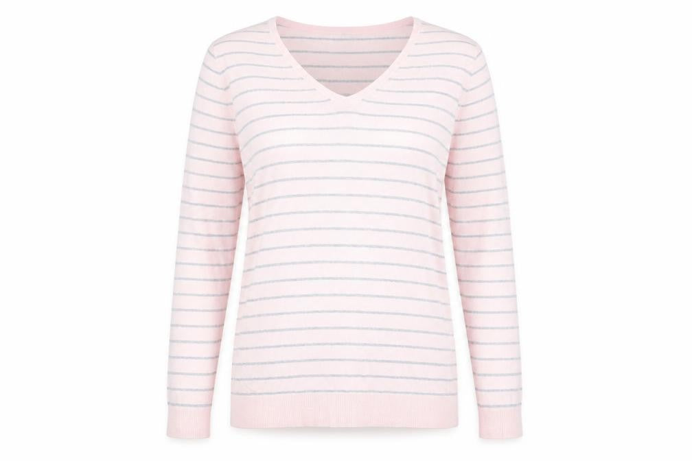Front view of C&C The Basics women’s pink striped jumper, size XL