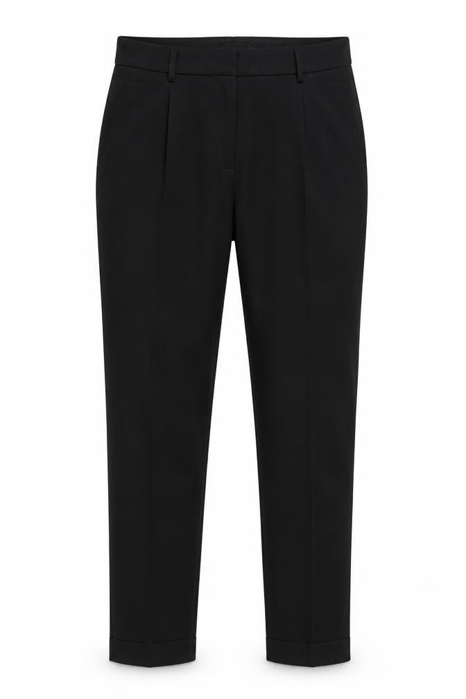 Front view of H&M women’s black trousers, size UK 31, in, 27-inch leg